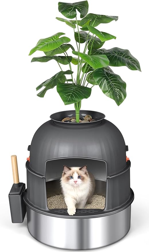 Three-Section Hidden Cat Litter Box, Stainless Steel Litter Box, Cat Litter Box Hidden with Faux Plant & Scoop, Vented Filter for Odor Control, Hidden Litter Box Furniture, Home Decor