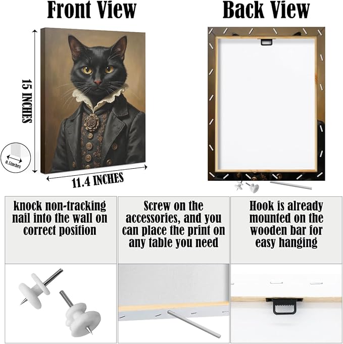Aristocratic Cat Framed Canvas Wall Art, Mid - Century Dark Academia Decor Wall Painting, Cat Lover Gifts, Gothic Decor Aesthetic Poster for Home Living Room Bedroom, Halloween Cats Decorations