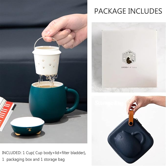 Liywall - Ceramic Tea Mug with Infuser and Lid, Cat Design Handmade Porcelain Tea Cup Strainer With Portable Shockproof Storage Case for Travel Office Home,Wife Girlfriend Gift - Green