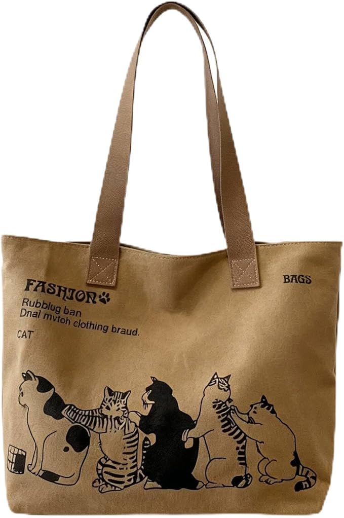 Cute 5-Cats Canvas Tote Bag for Women, Large Aesthetic Shoulder Bag with Zipper and Inner Pocket, Reusable Grocery Bag for Travel, Beach, and Shopping, Ideal Gift for Cat Lovers