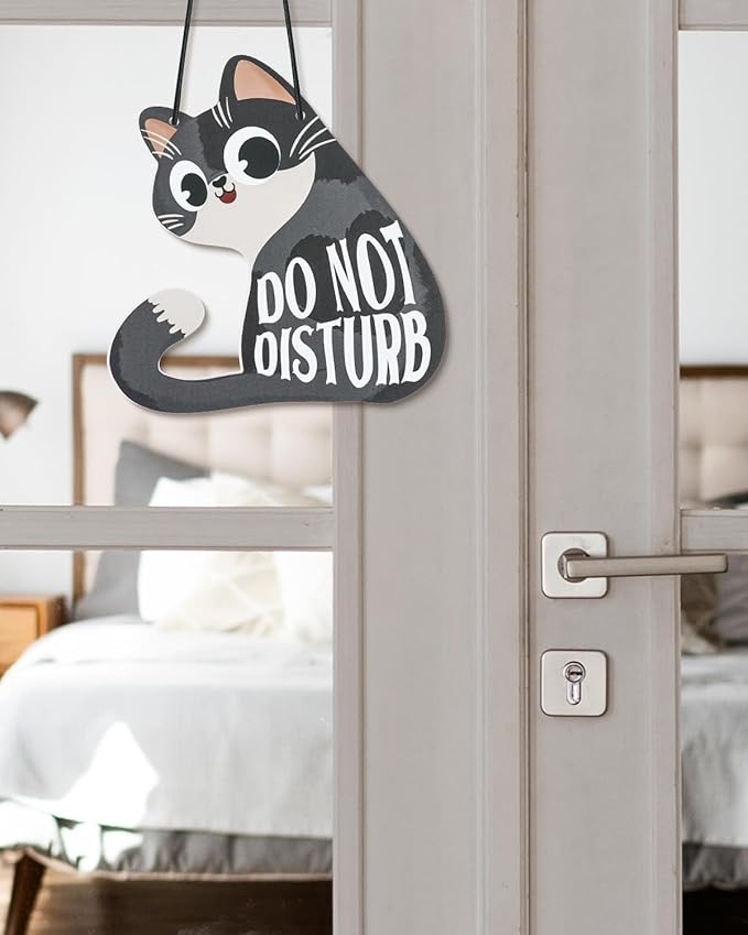 Putuo Decor Do Not Disturb Sign Welcome Please Knock, Cute Cat Door Sign Decor Reversible Double Sided Aesthetic Hanger Plaque for Room Front Door Porch Home Decor, Cat Lover Gifts Grey