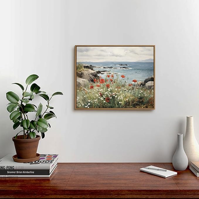 Nature Landscape Wall Art Floral Ocean Theme Pictures Wall Decor Red Poppy Canvas Prints Shoals Coastal Scenery Painting Framed for Living Room Bedroom Bathroom Home Office Decoration Gifts, 8x10 Inch
