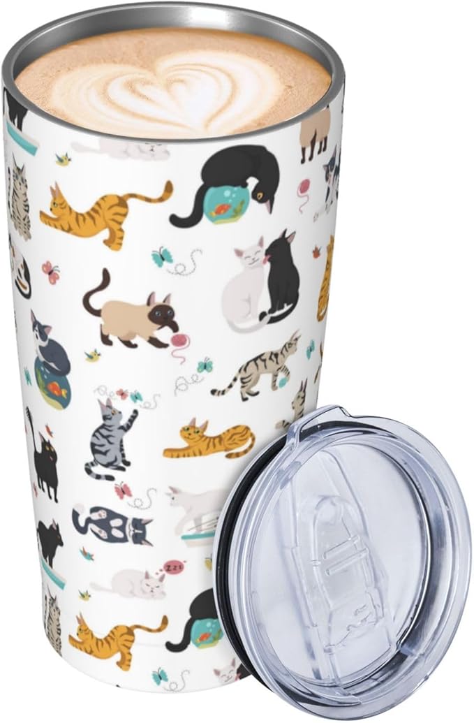 Yobvec Cat Tumbler with Lid and Straw, 20 Oz Stainless Steel Cups Insulated Water Bottle Coffee Mug Gifts for Cat Lover