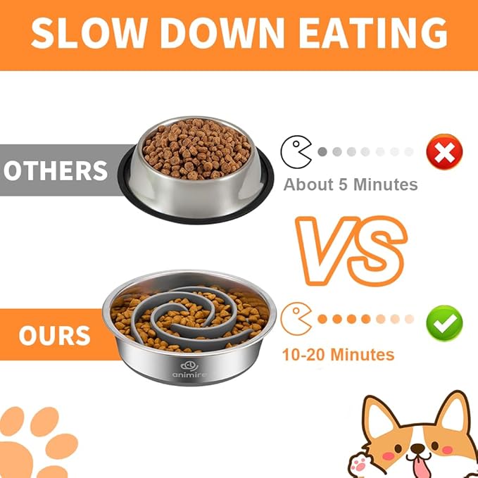 2-in-1 Metal Dog Bowl with Slow Feeder Insert, Stainless Steel Dog Bowls Food Grade 304, Water Food Bowl with Anti-Slip Silicone Base for Small, Medium, Large Dogs
