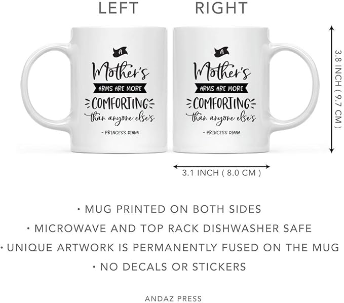 Andaz Press Mother's Day 11oz. Ceramic Coffee Tea Mug Gift for Mom, A Mother's Arms are More Comforting Than Anyone Else's, Princess Diana, 1-Pack, Birthday Christmas Gift Ideas