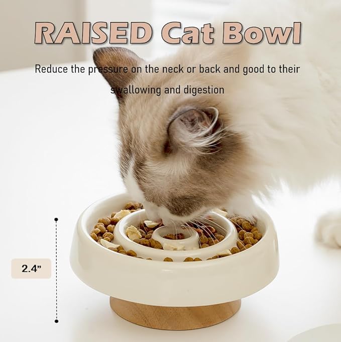 Ceramic Cat Slow Feeder, Raised Slow Feeder Cat Bowl, Anti Vomiting and Whisker Friendly Kitty Dish, Elevated Puppy Kitten Food Bowl for Dry and Wet Food (White)
