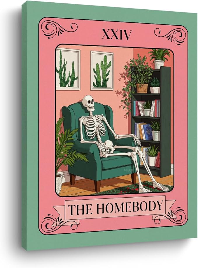 The Homebody Tarot Card Wall Art, Funny Skeleton Gothic Posters, Vintage Botanical Framed Canvas Prints Whimsical Decor, Books Poster for Living Room Entryway Book Shelf Bedroom 15x11.4 inch