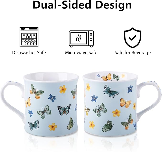 Colorful Butterfly & Floral Coffee Mug – 12 oz Premium New Bone China Blue Tea Cup, Elegant Ceramic Mug Gift for Women, Mom & Butterfly Lovers – Designed in England by Harvest Green Studio