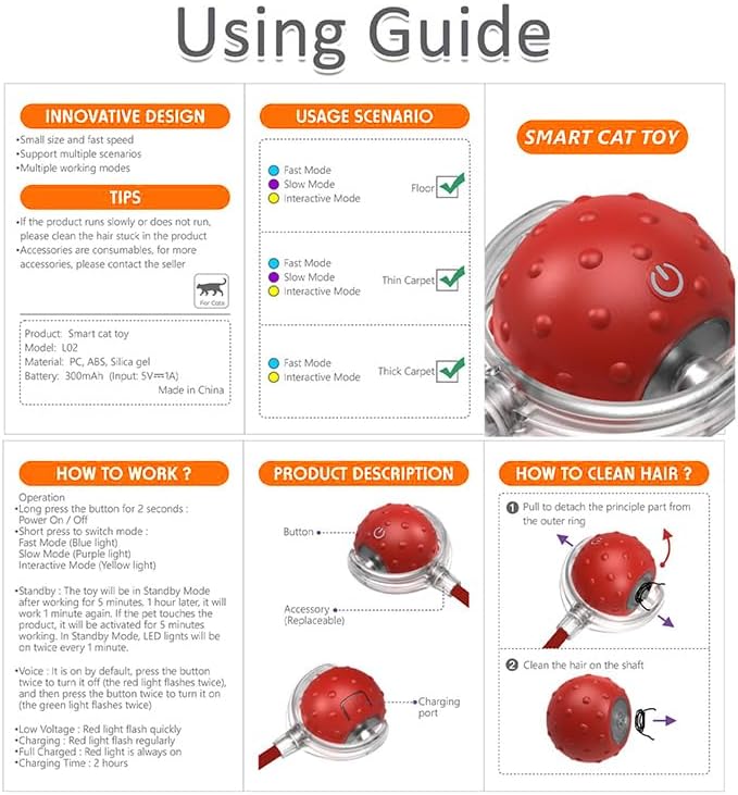 Interactive Cat Toy Ball – Automatic Rolling Cat Toys for Indoor Cats, Motion Activated & Chirping Sound with 4 Replaceable Tails, Rechargeable Cat Toys for Bored Indoor Adult Cats, Kittens -RED