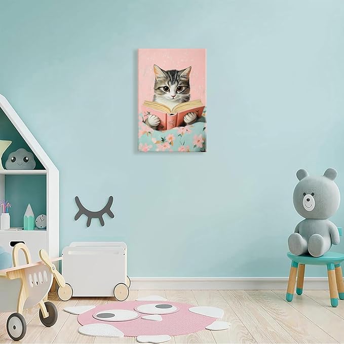 Vintage Cat In Bed Canvas Wall Art Funny Cute Cats Reading Books Poster Retro Pink Girls Room Pet Animal Aesthetic Prints Painting For Home Bedroom Kids Room Dorm Wall Decor 16x24in Framed