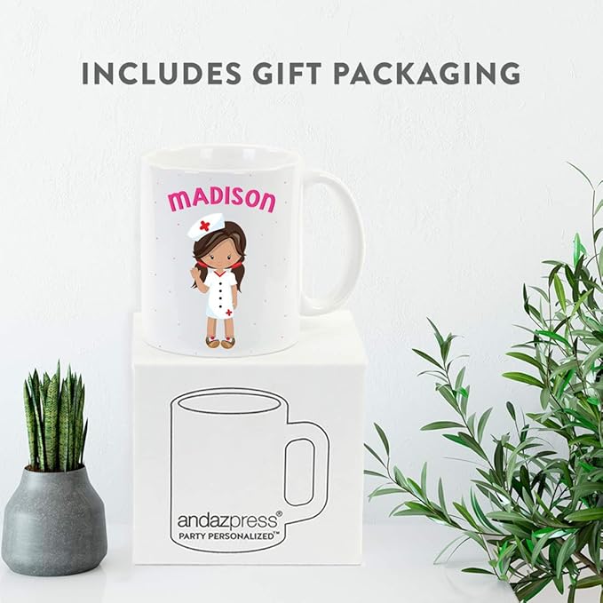 Andaz Press Personalized 11oz. Kids Milk Hot Chocolate Mug, Brown Haired Girl Nurse with Two Plaits, 1-Pack, Custom Child’s Birthday Christmas Coffee Cup