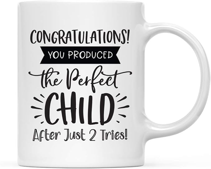 Andaz Press Mother's Day 11oz. Ceramic Coffee Tea Mug Gift for Mom, Congratulations! You Produced the Perfect Child After Just 2 Tries!, 1-Pack, Birthday Christmas Gift Ideas