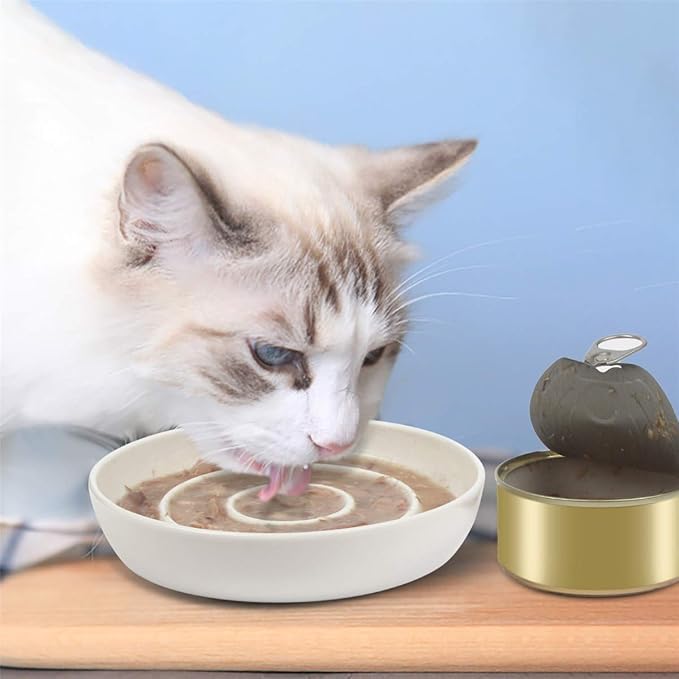 SLSON Cat Slow Feeder Bowl,Ceramic Slow Feed Cat Bowls Heavy and Shallow Wisker Stress-Free Pets Dish for Kittens Small Pets Wet Food,White