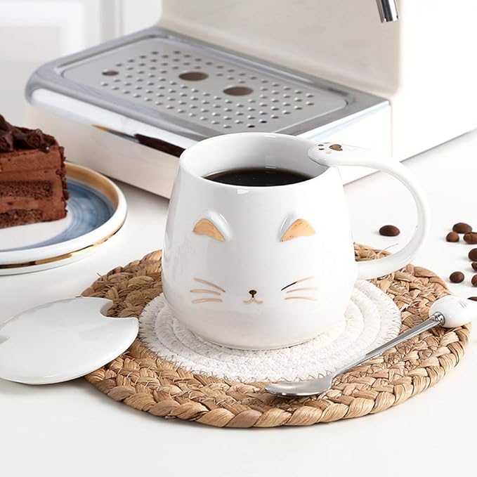 White Cat Mug, Cute Kitty Ceramic Coffee Mug with Stainless Steel Spoon, Novelty Coffee Mug Cup for Cat Lovers Women Girls