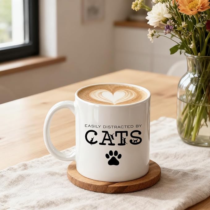 Easily Distracted By Cats Ceramic Coffee Mug, Black Cat Theme Mug For Coffee Lover, Funny Ceramic Drinking Cup For Kitten Lovers, Thank You Gifts For Friend Coworkers Family Pet Owners