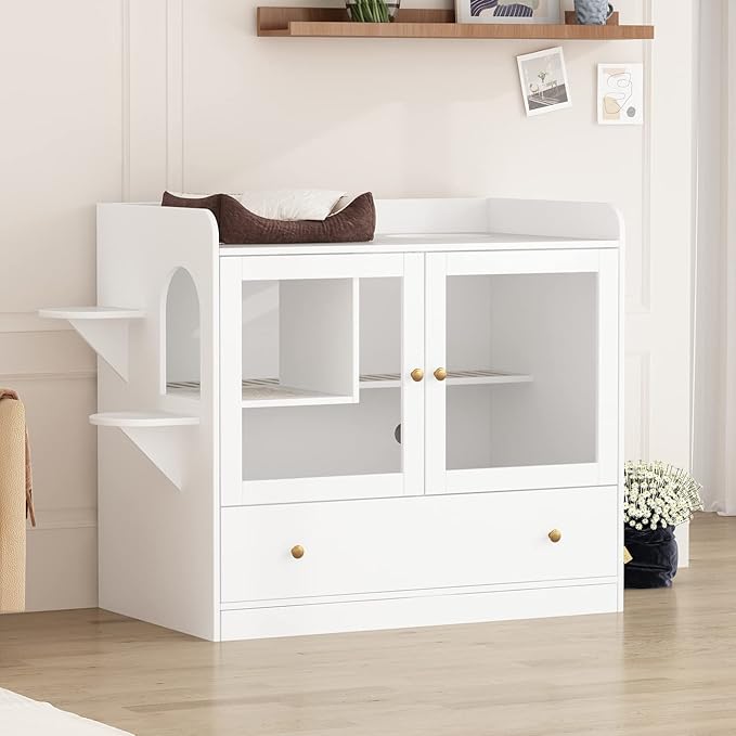 Extra Large Cat Litter Box Enclosure Furniture Hidden, Cat Condo Cabinet Pet House with Stairs for 2, Nightstand Side Table with a Drawer for Living Room, White