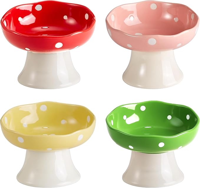 Ceramic Elevated Cat Bowls, Tilted Raised Pet Dish Anti Vomit Kitten Bowl for Indoor Cats, Whisker Friendly Pet Food and Water Bowl for Kitten, Cat, Puppies, Dishwasher Safe (Pink+Red+Yellow+Green)