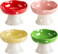 Ceramic Elevated Cat Bowls, Tilted Raised Pet Dish Anti Vomit Kitten Bowl for Indoor Cats, Whisker Friendly Pet Food and Water Bowl for Kitten, Cat, Puppies, Dishwasher Safe (Pink+Red+Yellow+Green)