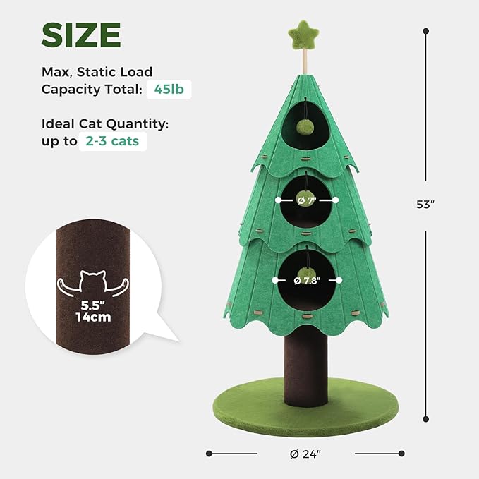 MUTTROS 53 Inch Christmas Cat Tree for Indoor Cats, Cat Tower with 3 Condos & 4 Pompoms, Multi-Cat Furniture with Holiday Felt Stickers, Activity Center & Beds, Green