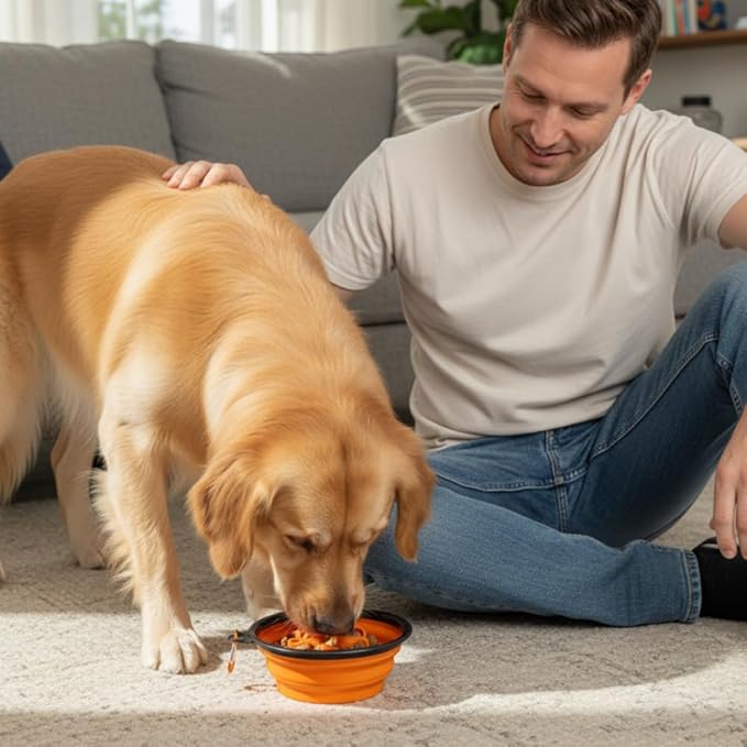 Collapsible Cat Bowl, Maze Design Pet Puzzle Feeder, 650ml Dog Slow Feeding Bowls, Dog Slow Feeding Bowl with Carabiner Portable BPA-Free Silicone Pet Bowls for Hiking, Travel, Camping - Color Orange