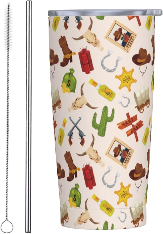 Western Tumbler 20oz Boho Western Stainless Steel Insulated Tumblers with Lid and Straw Beige Travel Coffee Mug Tea Wine Cups Water Bottle Gifts for Women