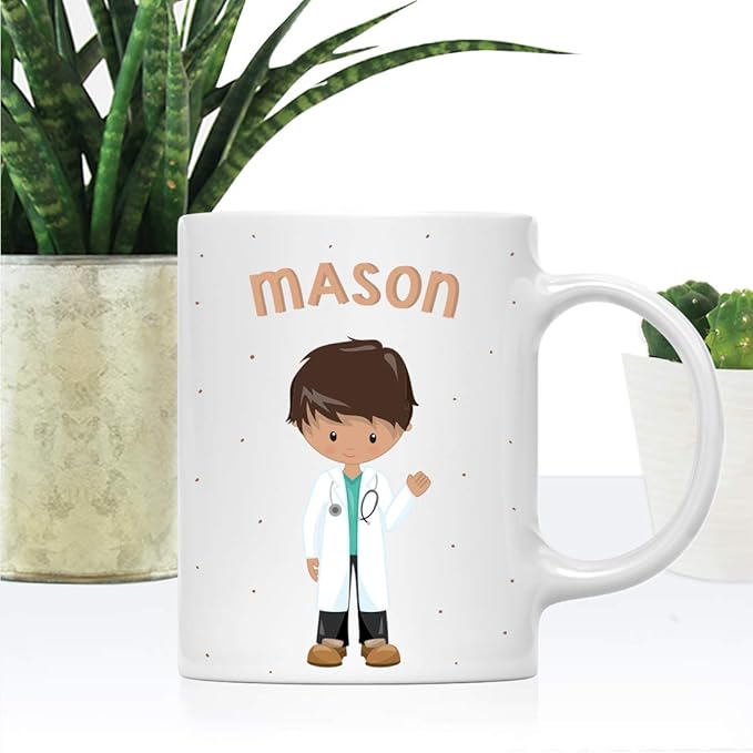Andaz Press Personalized 11oz. Kids Milk Hot Chocolate Mug, Brown Haired Boy Doctor, 1-Pack, Custom Child’s Birthday Christmas Coffee Cup