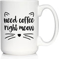 Bevvee Need Coffee Right Meow - Funny Cat Themed Coffee Mug Gifts & Decor - Large 15oz White Ceramic Mug