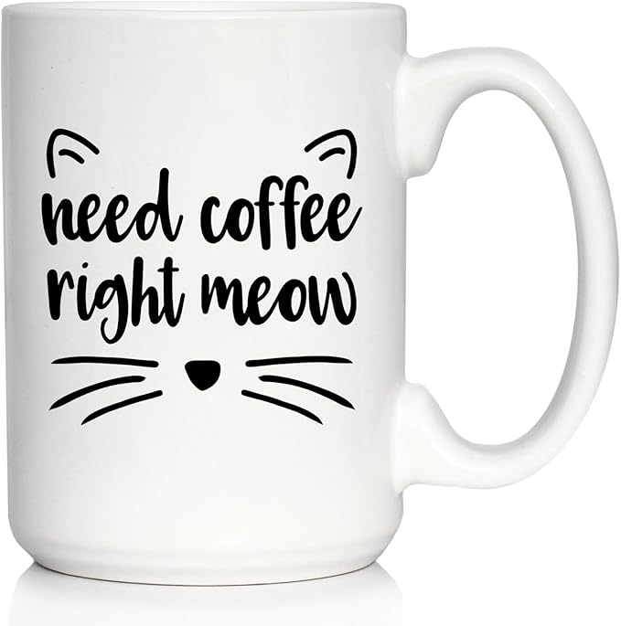 Bevvee Need Coffee Right Meow - Funny Cat Themed Coffee Mug Gifts & Decor - Large 15oz White Ceramic Mug