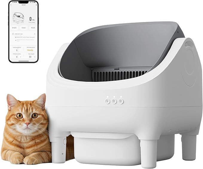WARCAT Litter Box – Electric Automatic Self-Cleaning, Open-Top Design, Smart APP Control, 15L Large Waste Bin, Easy Odor Control, Includes Trash Bags & Mat (Grey)