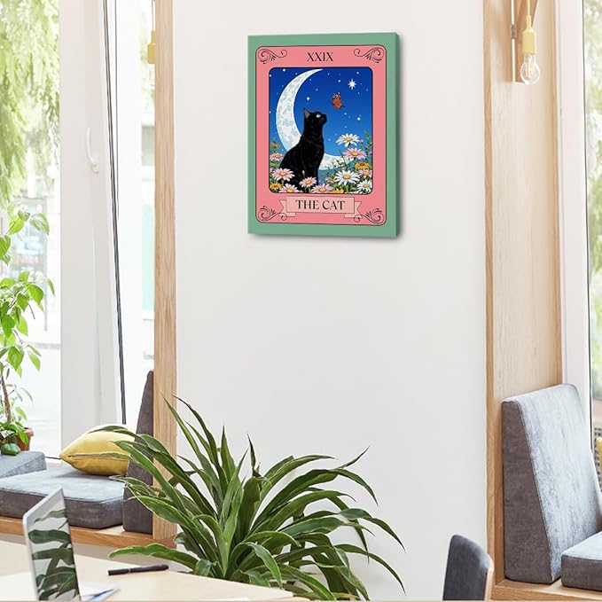 The Cat Tarot Card Wall Art, Gifts for Cat Lovers, Botanical Flower Framed Canvas Prints Aesthetic Decor, Vintage Moon Posters Artwork for Walls Living Room Entryway Bedroom Decor 15x11.4 inch