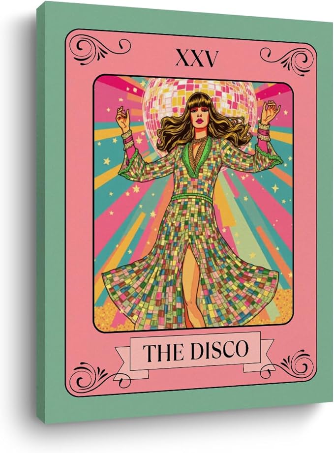 The Disco Tarot Card Wall Art, Dazzling Disco Ball Poster Trendy Canvas Framed Painting Room Decor, Vintage Dancing Queen Prints for Bar Cart Living Room Bedroom Decoration 15x11.4 inch