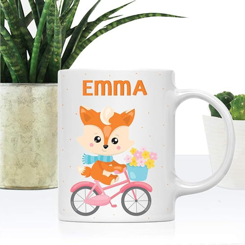 Andaz Press Personalized 11oz. Kids Milk Hot Chocolate Mug, Fox Pink Bicycle, 1-Pack, Custom Child’s Birthday Christmas Coffee Cup