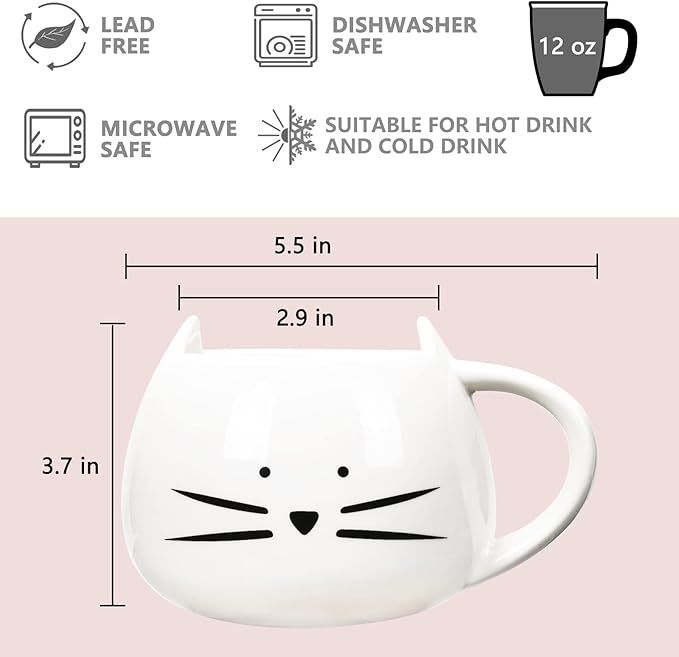 Koolkatkoo Cute Cat Coffee Mug for Cat Lovers Women Girls Ceramic Kitty Water Mugs 12 oz Small Cup White