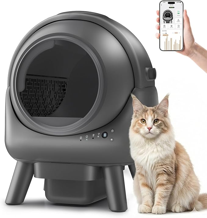 Self Cleaning Litter Box for Multiple Cats, Automatic Cat Litter Box with APP Control, Advanced Safety Sensors & Odor Control, 15-Day Extra Large Waste Bin, Quiet Operation, Gray