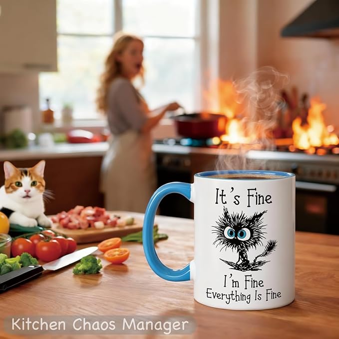 𝗙𝗨𝗡𝗡𝗬 𝗖𝗔𝗧 𝗖𝗢𝗙𝗙𝗘𝗘 𝗠𝗨𝗚 — “Everything Is Fine” Black Cat Mug, 11oz Sarcastic Funny Coffee Mug for Cat Lovers, Women, Coworkers – Microwave & Dishwasher Safe