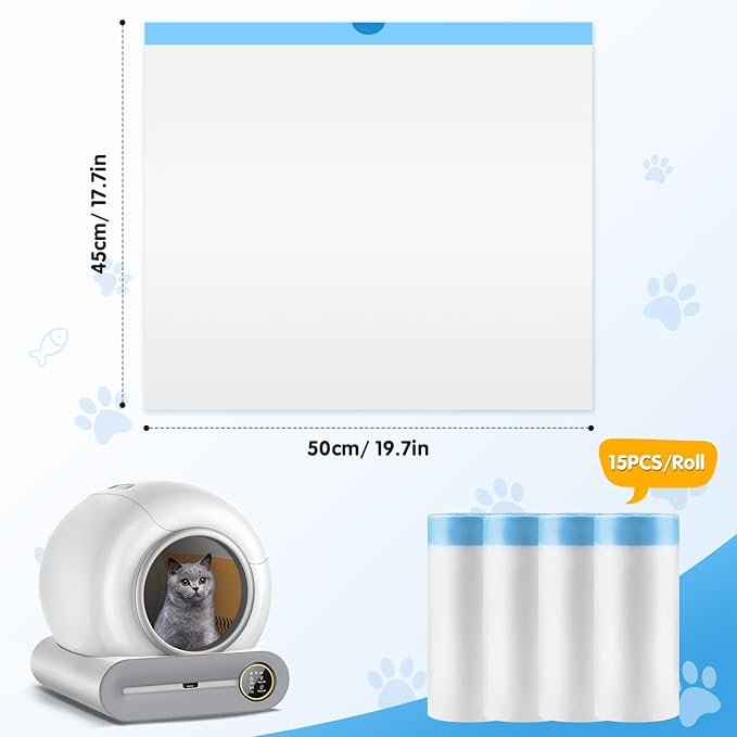Self Cleaning Cat Litter Box Liner - 60 Counts, Drawstring Cat Litter Waste Container Bags for Self-Cleaning Litter Boxes, Durable, Tear-Resistant, Liquid-Tight