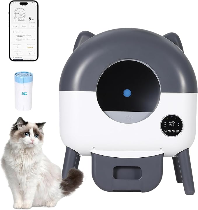 Automatic Cat Litter Box, Self Cleaning Litter Box Large Capacity for Multiple Cats, Electric Litter Box with App Control, Triple Safety Protection, Removable Washable Liner, 1 Rolls Garbage Bags