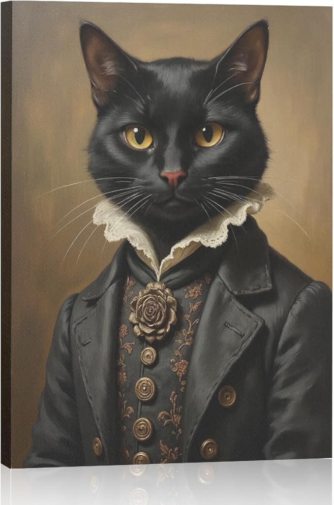 Aristocratic Cat Framed Canvas Wall Art, Mid - Century Dark Academia Decor Wall Painting, Cat Lover Gifts, Gothic Decor Aesthetic Poster for Home Living Room Bedroom, Halloween Cats Decorations