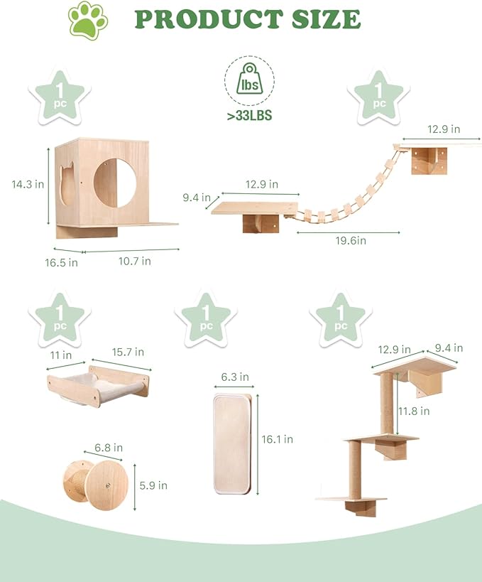 6 in 1 Cat Wall Shelves, Cat Wall Furniture with Cat Bridge, Wall Condo, Hammock, Steps, Climbing Post & Scratching Pad Space-Saving Indoor Cat Shelves for Play & Rest, up to 33 lbs