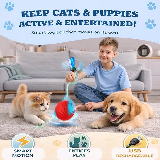 GlowPounce Interactive Rolling Ball Toy for Indoor Cats & Small Dogs – Motion-Activated Smart Moving Ball with LED Lights – Rechargeable Automatic Play Toy for Cats, Kittens & Puppies, Blue