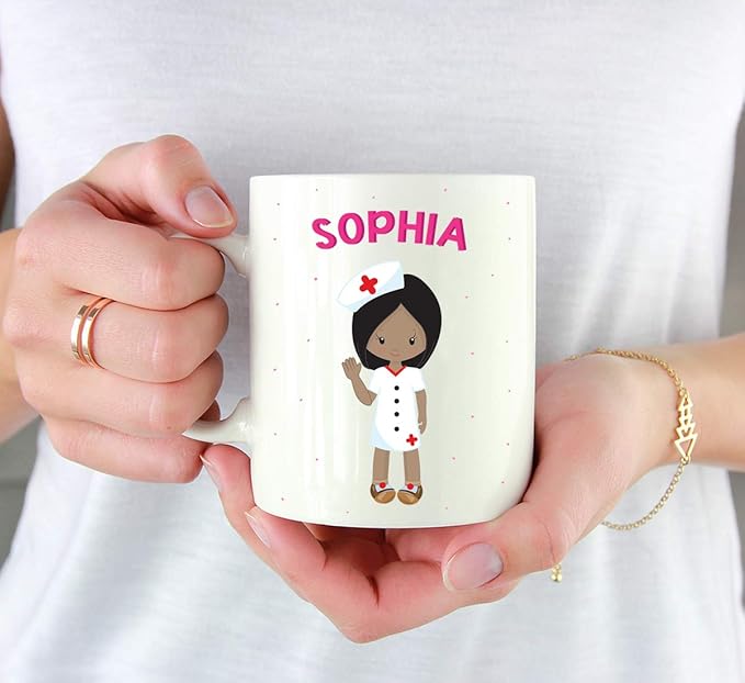 Andaz Press Personalized 11oz. Kids Milk Hot Chocolate Mug, Black Haired Girl Nurse, 1-Pack, Custom Child’s Birthday Christmas Coffee Cup