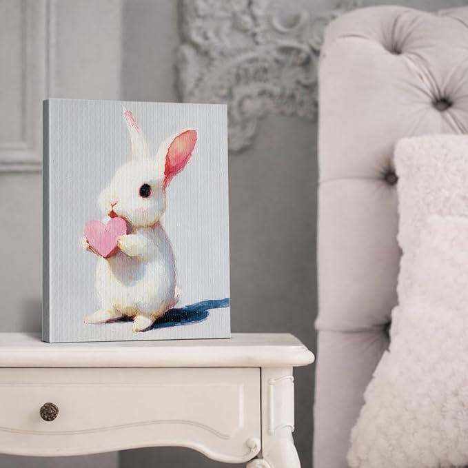 Cute Vintage Bunny Wall Art Decor Bunny with Pink Heart Print Picture Cute Animal Wall Decor for Home Farmhouse Living Room 8x10 Inch Canvas Framed