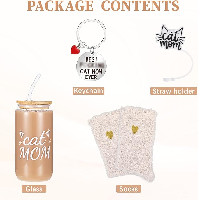 Cat Mom Gifts for Women Funny Gifts for Cat Lovers Pet Owners Iced Coffee Glass Cup with Lid and Straw Mom Keychain Socks Close Friend Cup Birthday Christmas Mothers Day Present