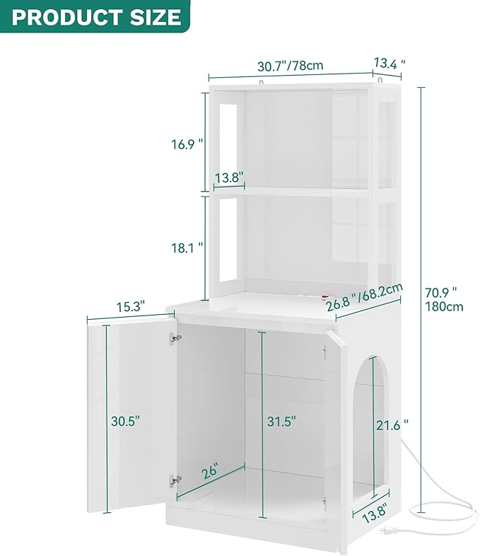 YITAHOME Large Cat Litter Box Furniture with Shelves and Charging Station, Hidden for Self-Cleaning Cats Litter Box Enclosure, Wooden Cat Cabinet for Smart Litter-Box Size, High-Gloss White