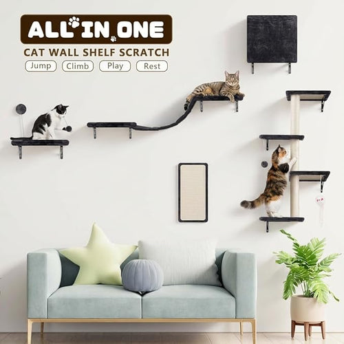 ANWA 5-in-1 Cat Wall Shelves with Scratching Posts & Cozy Condo, Space-Saving Cat Wall Furniture with Scratcher, Multi-Level Cat Wall Climber with Floating Shelves for Indoor Cats, Dark Gray