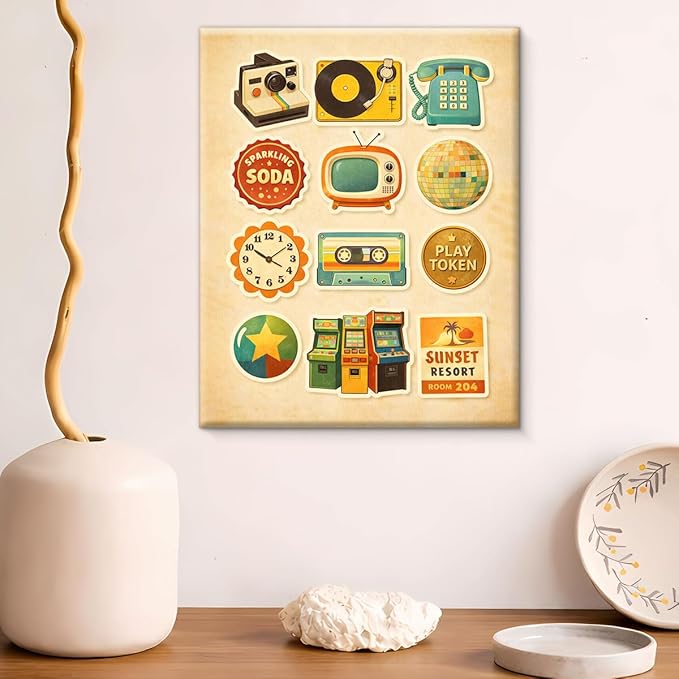 Retro Nostalgic Canvas Wall Art Vintage 70s Objects Print Painting Retro Wall Decor for Home Living Room Bedroom 8x10 Inches Framed