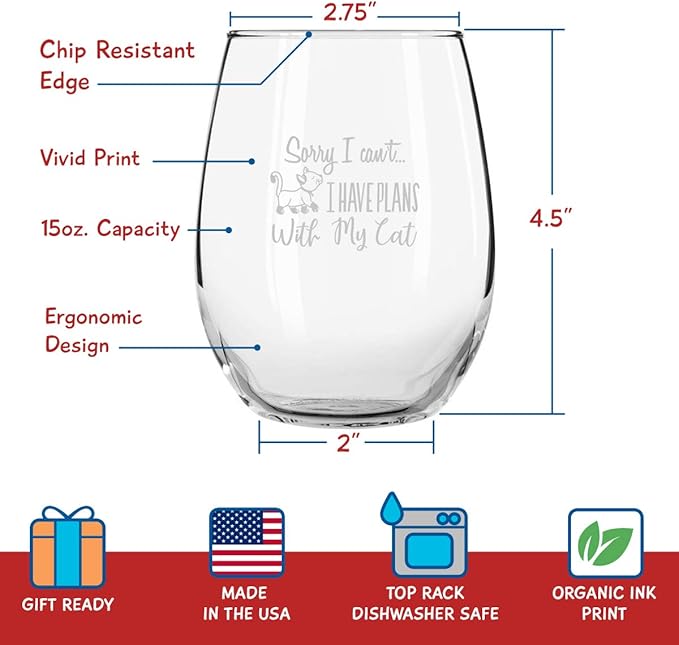 Funny Stemless Wine Glasses Set of 4 | Hilarious Gift Idea for Women, Pet Owners and Wine Lovers | 15 oz. Glass with Cute Cat Messages | Dishwasher Safe | Made in USA
