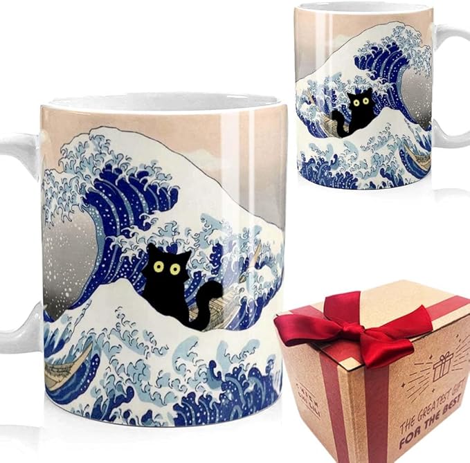 Famous Art Paintings Funny Cat Coffee Mug for Artist Teacher Cat Lovers, Famous Picture Classic Vincent Art Aesthetic Canvas Mug Birthday Gift for Women Man (The Great Wave)