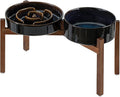 Ceramic 1.6 Cup Raised Slow Feeder Dog Bowl Set, Elevated 7.3inch Bowl and 8.2inch Dish with Acacia Wood Stand for Medium and Large Dog(Starry Sky)