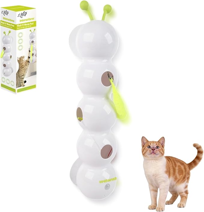 Whack a Worm Cat Toy, Interactive Whack a Worm Post Cat Toy with Smart Sensor, Moving Caterpillar Cat Toy with Suction Cup, USB Rechargeable Interactive Cat Toys for Indoor Cats (1)